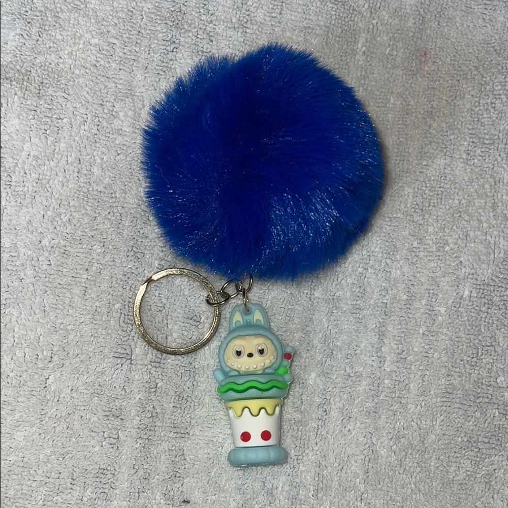 Plush Blue Pom-Pom Keychain with Cute Labubu Character new